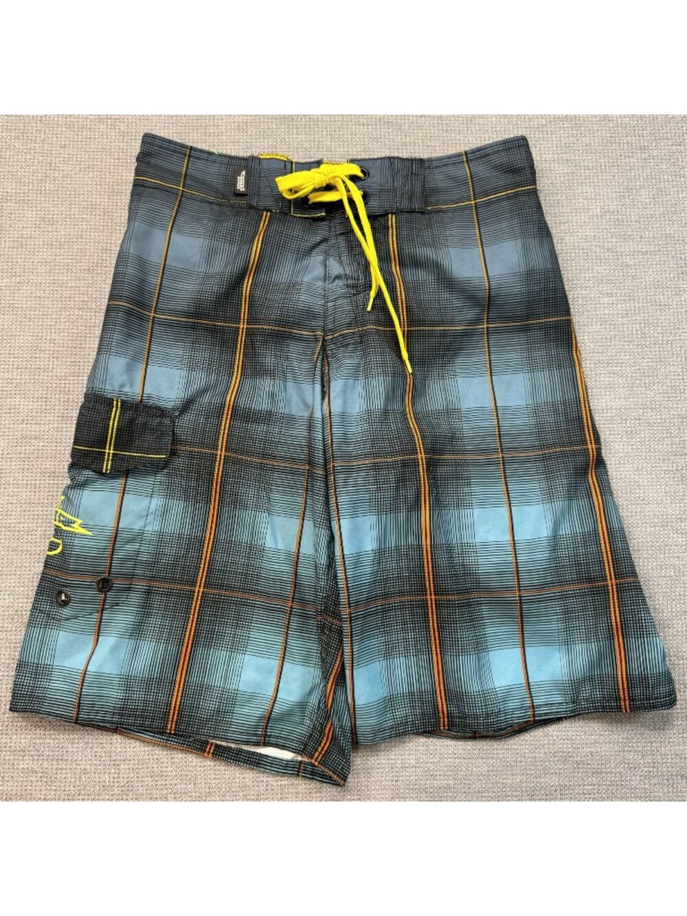 No Fear Board Shorts Mens Size S Plaid Swim Trunks Swimwear Pocket Hock & Loop